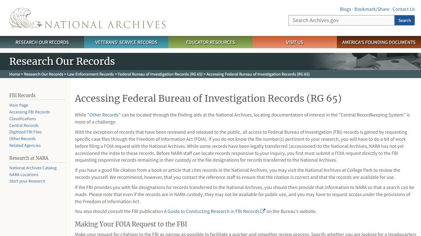 Accessing Federal Bureau of Investigation Records (RG 65)